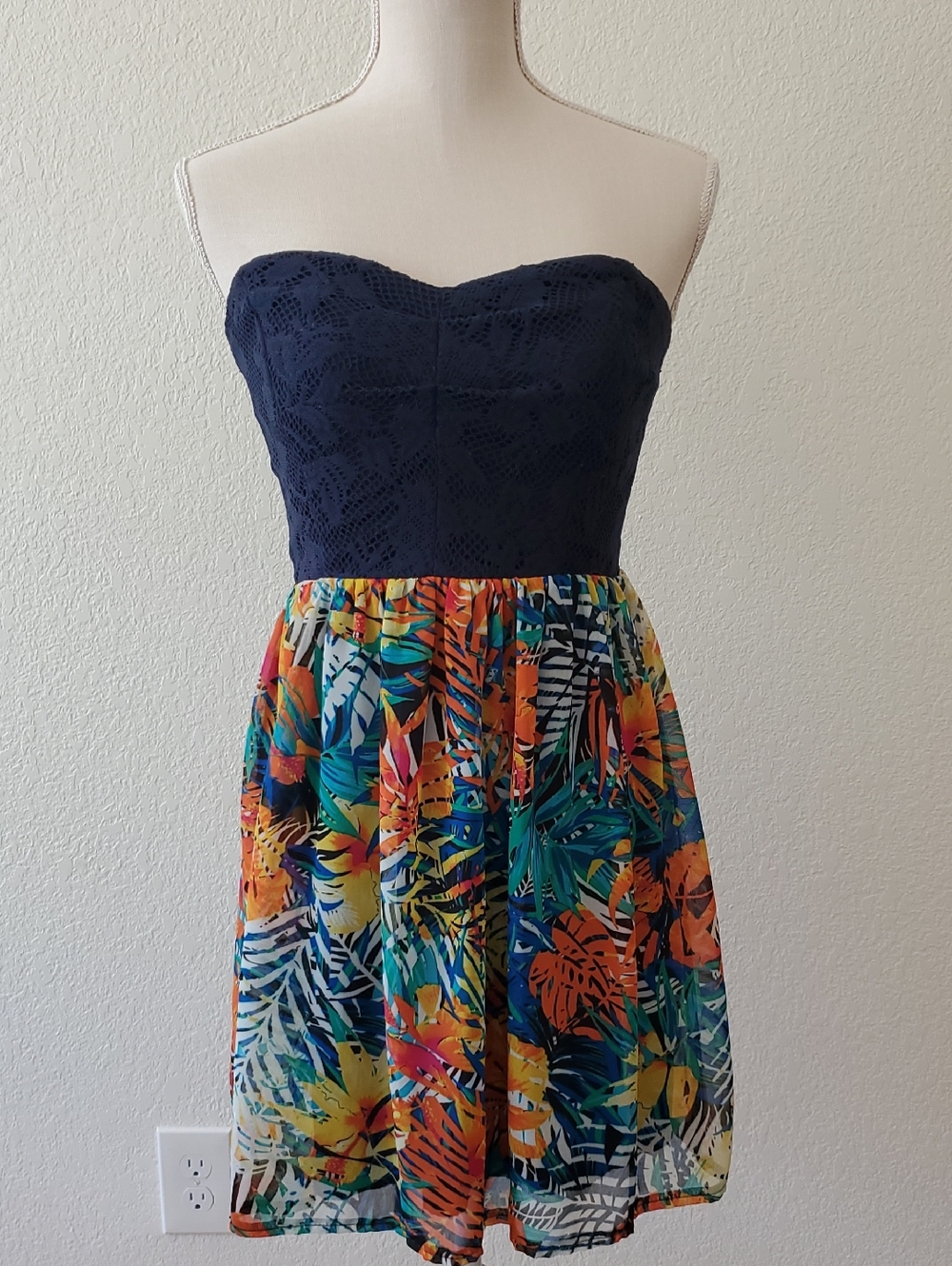 City Triangles Navy Lace Bodice with Tropical-Print Skirt Strapless Dress